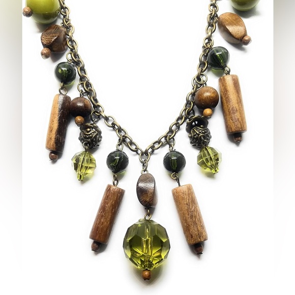Cookie Lee Wood Bronze and Green Charm Necklace - Picture 1 of 8
